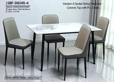Modern 4-Seater Ceramic Top Dining Table with PU Chairs - White/Gray