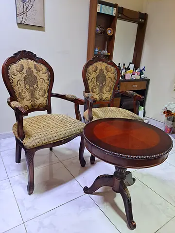 Set of 2 Vintage Carved Wooden Accent Chairs with Round Side Table