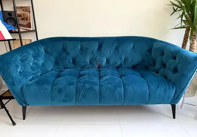 Blue Velvet 3-Seater Sofa — Tufted Mid-Century Design