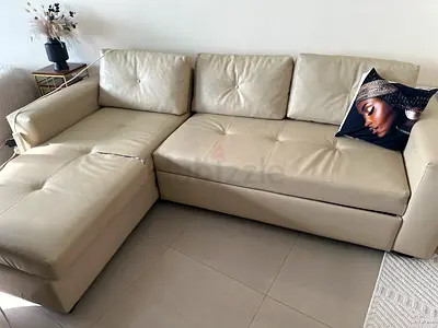Beige L-shaped Leather Sofa - 3-seater with Chaise, Good Condition