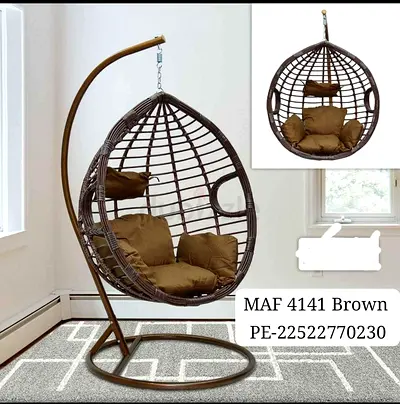 Brown Rattan Hanging Egg Chair with Stand and Cushions