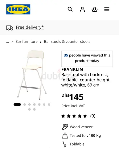 IKEA FRANKLIN bar stool with backrest, foldable, counter height. Used indoors onlu