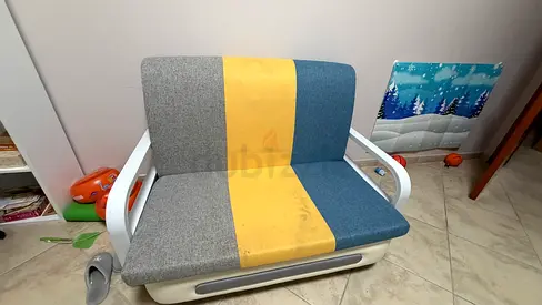 Compact 2-seater Fabric Sofa BED - Grey/Blue with Yellow Stripe, Good Condition