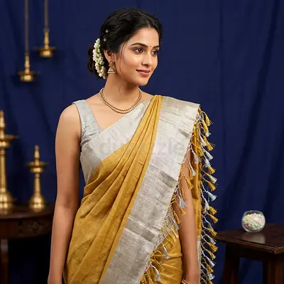 Mustard Yellow and Silver Border Handloom Saree