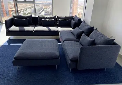Brand New Sodram Corner Sofa with Ottoman – Grey color available. High comfort, modern style, and mu