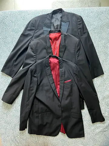 Three black men's suit jackets and two black trousers - good condition