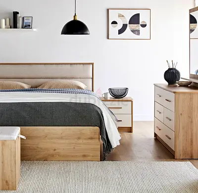Light Oak Double Bed with Matching Dresser and Nightstand - Complete Bedroom Set