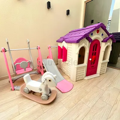 Kids Outdoor Play Area Set with Playhouse Slide and Swing