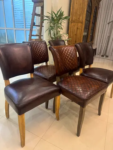 x5 MARINA HOME Timothy Oulton Mimi brown leather dining chairs with weathered wooden legs