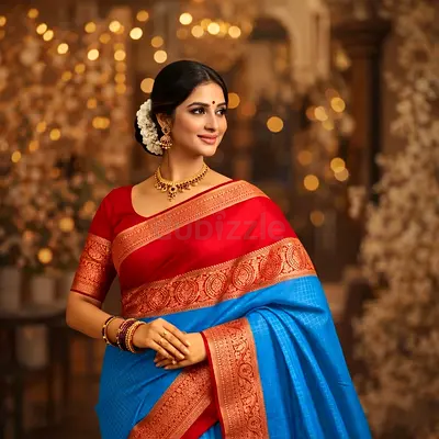 Silk Traditional Red and Blue Saree with Gold Border