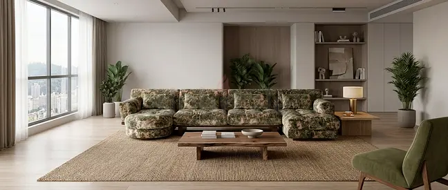 Large Floral Sectional Sofa with Ottoman — Spacious 5-Seater