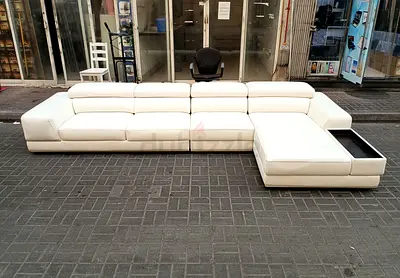 Marina homes Large White Leather L-Shape Corner Sofa with Chaise and Storage