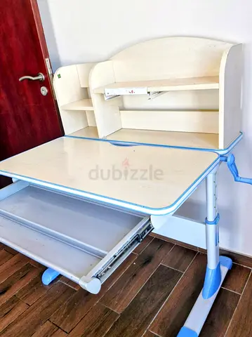Adjustable Kids Study Desk with Shelves and Drawer - Light Wood/Blue with 2 chairs