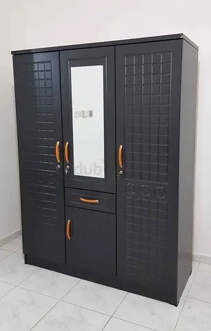 Dark Grey 3-Door Wardrobe with Mirror and Drawer - Brand new
