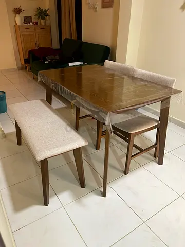 Wooden Dining Table with 4 Upholstered Benches - Good Condition