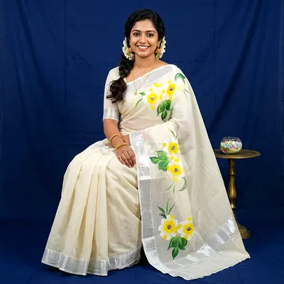 Handpainted Ivory Cotton Saree with Yellow Floral Motif