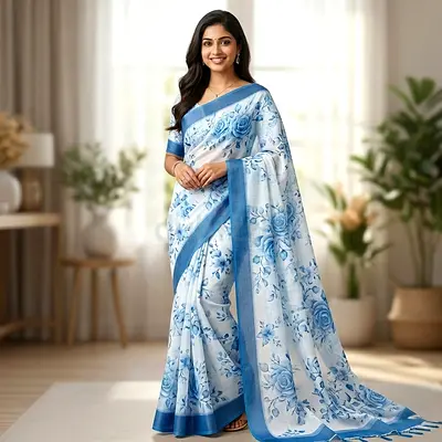 Light Blue Floral Saree with Contrasting Border