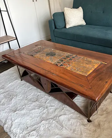 Solid Wood Coffee Table with Carved Inlay Panel, Rustic Design