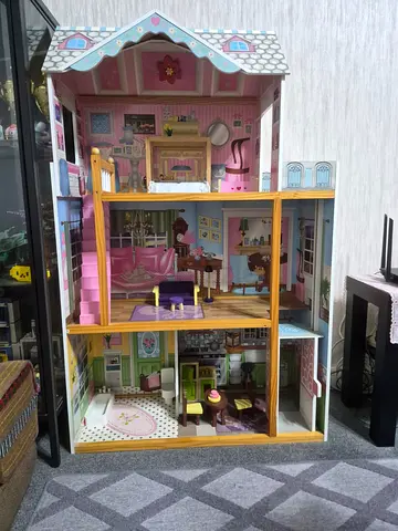 Large Wooden 3-Storey Dollhouse with Furniture - Good Condition