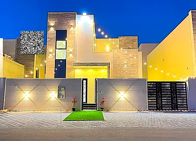 Brand-new villa for annual rent in Al Helio 2. 4 master bedrooms, spacious yard, covered parking, premium finishing, ready to move in.