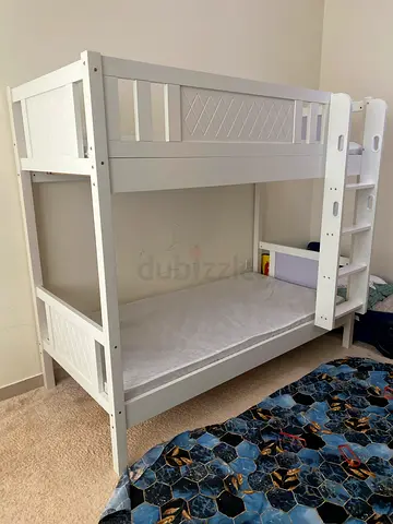 White wooden bunk bed for kids — sturdy single/twin frame