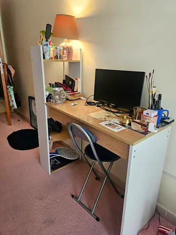 Wooden study desk with shelving - light oak finish. Chair included. Small and elegant size. Easy fit