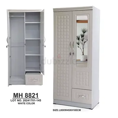 New White 2-Door Wardrobe with Mirror and Drawer - 80x45x185cm (MH 8821)