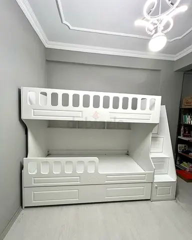 White Bunk Bed with Storage Stairs and Shelving