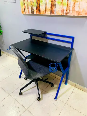 Compact blue metal study desk with chair — good condition