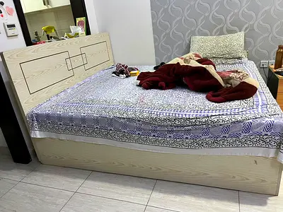 Queen size wooden bed frame with storage with Ikea spring mattress