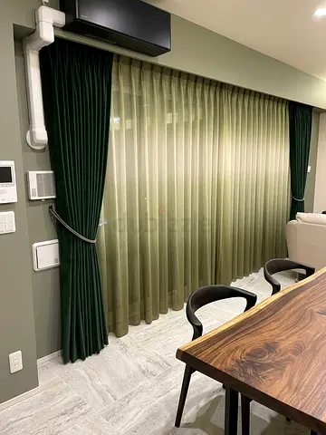 Dark Green Velvet Curtains with Sheer Lining - Pair, Like New