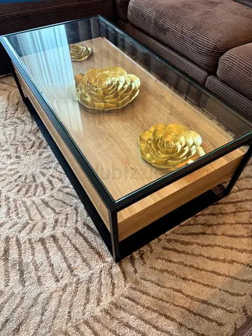 Glass-top display coffee table with black frame and wood base