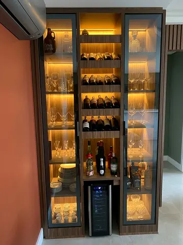 Built-in Wooden Wine Cabinet with Glass Doors and Integrated Cooler