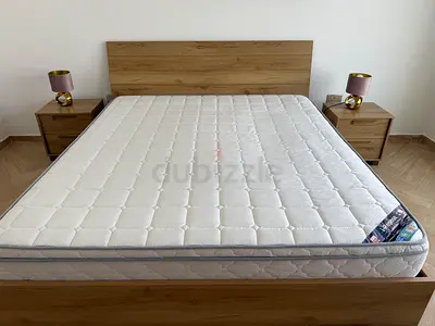 King bed frame with mattress and two bedside tables - light oak set and dressing table