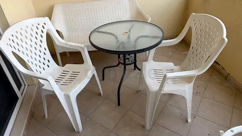 Outdoor patio set - glass top table with 2 chairs and bench