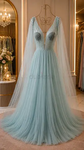 Light Blue Tulle Evening Gown with Deep V Neck and Sheer Cape