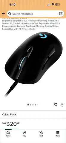 Logitech G403 Wired Gaming Mouse - Black
