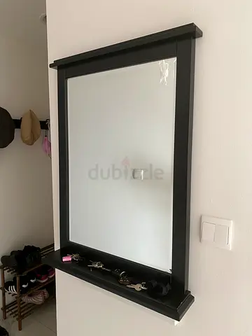 Wall-mounted hallway mirror with key shelf (black frame)