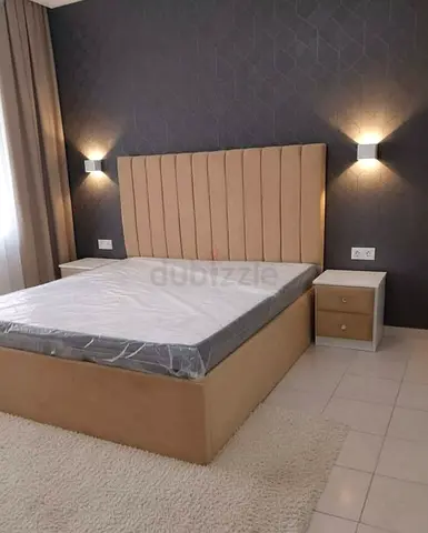 New Upholstered King Size Bed with Headboard and Two Nightstands - Beige
