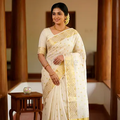 Off-white and Gold Traditional Cotton Saree