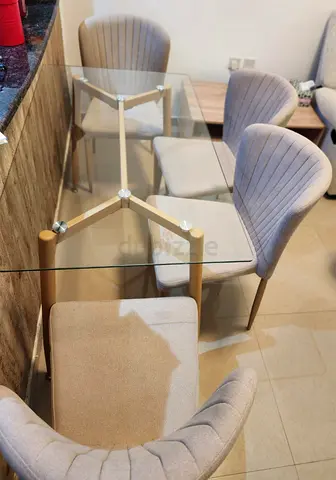 Glass Top Dining Table with 4 Upholstered Beige Chairs - Good Condition