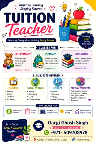 Experienced Tuition Teacher | Online & Home Tuition | Pre-Primary to Secondary