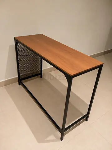 Slim industrial console table with wood top and metal frame