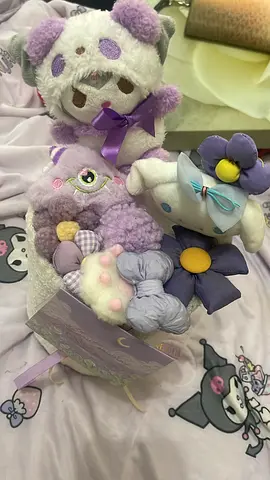 Seat of pastel plush toys — cute lavender crochet and characters (Excellent condition)