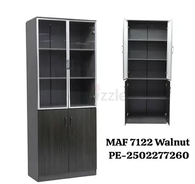 Tall Walnut Storage Cabinet with Glass Display Top and Lockable Doors