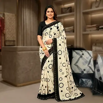 Cream and Black Polka Dot Saree with Black Border
