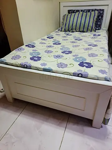 Single white wooden bed frame with headboard and footboard with mattress. (2 beds available)