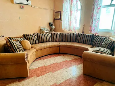 Large Curved 7-Seater Fabric Sofa — Beige/Brown