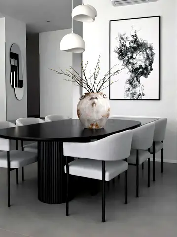 Modern black dining table with 6 upholstered chairs | Custom made with warranty