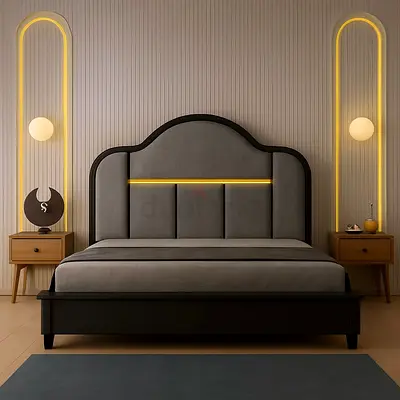 Modern upholstered double bed with LED headboard accent